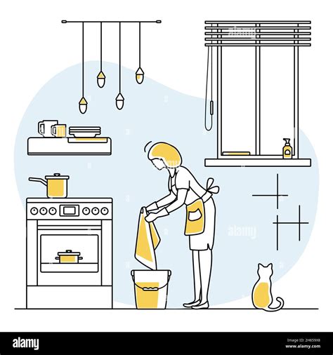 Vector Illustration Apartment House Cleaning Maid Service Woman Wiping Stove Professional