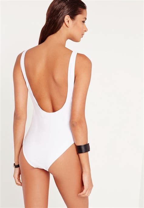 Missguided White High Leg Drop Side Swimsuit Iskra Lawrences White