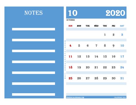 October 2020 Free Calendar Printable Template Light Blue