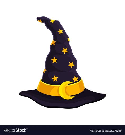 Dark Blue Wizard Hat Decorated With Gold Stars Moon And Ribbon Vector Illustration On White