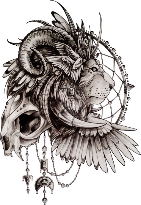 Native American Lion With Dream Catcher And Skull Tattoo Design
