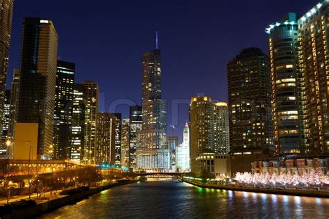 Chicago River With Urban Skyscrapers Stock Photo