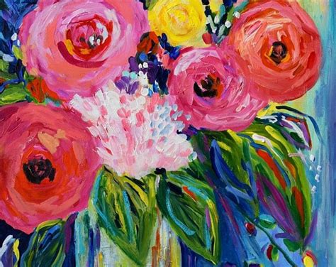 Large Bold Floral Still Life Bright Bouquet Abstract Etsy Abstract