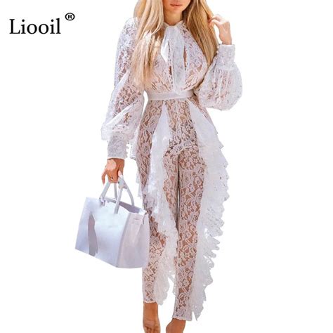 Liooil Sexy White See Through Lace Jumpsuits For Women 2019 Long Sleeve Lace Up Party Ruffle