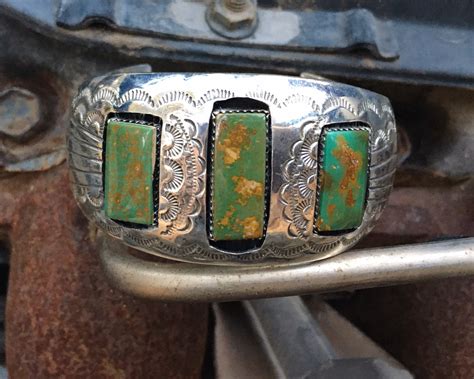 57g Vintage Navajo Pauline Benally Sterling Silver Shadowbox Cuff Bracelet With Green Turquoise
