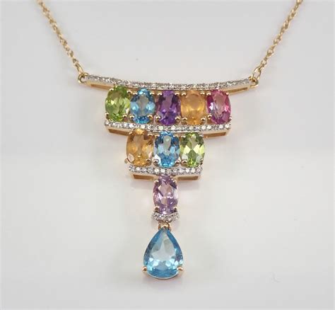 Multi Color Gemstone And Diamond Drop Necklace K Yellow Gold Chain