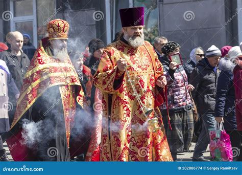 A Russian Orthodox Priest With A Smoking Censer During An Easter Procession Editorial Stock