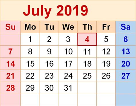 Monthly Calendar 2019 July Printable Calendar July Calendar Template