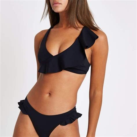 River Island Womens Black Asymmetric Frill Cami Bikini Top