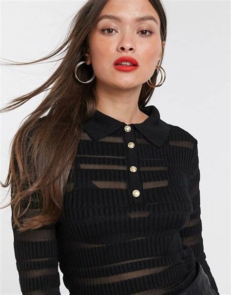 River Island Sheer Polo Knit Top In Black Asos Cardigan Sweaters