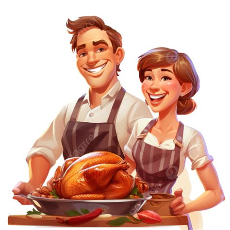 Happy Male And Female Characters Cooking Huge Thanksgiving Turkey