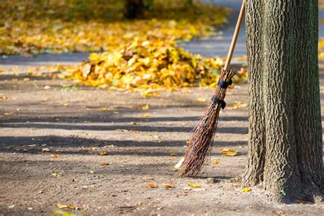 Premium Photo Cleaning In The Autumn Park Broom With Pile Of Yellow