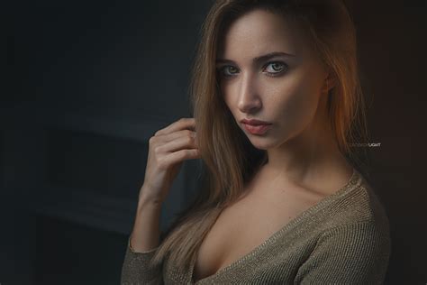 Wallpaper Model Brunette Looking At Viewer Face Portrait Sweater Cleavage Touching Hair