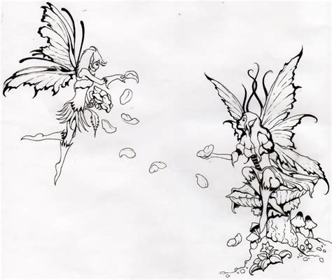 Cool Black Outline Two Fairies Tattoo Design