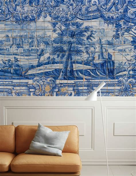 Blue Chinoiserie With Brush Tile Pattern Wallpaper Mural Wallpaper