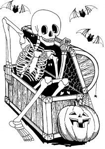 Friendly ghosts with skeletons and grave stones. Halloween - Coloring Pages for Adults