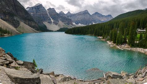 Moraine Lake In Cloudy Day In Summer In Banff National Park Stock Image