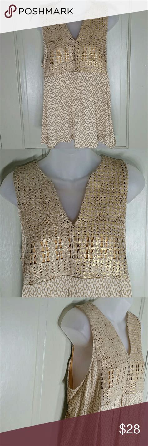 Anthropologie Tiny Top Creamtangold Crochet Effect Embossed With