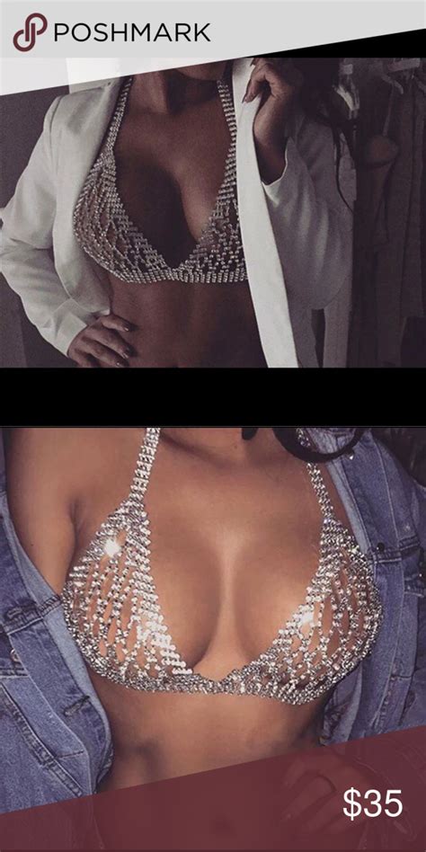 Mesh Design Rhinestone Crystal Harness Bikini Bra Chain Gold Color