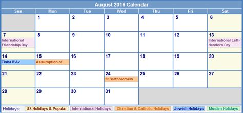 August 2016 Calendar With Holidays Usa Uk Canada
