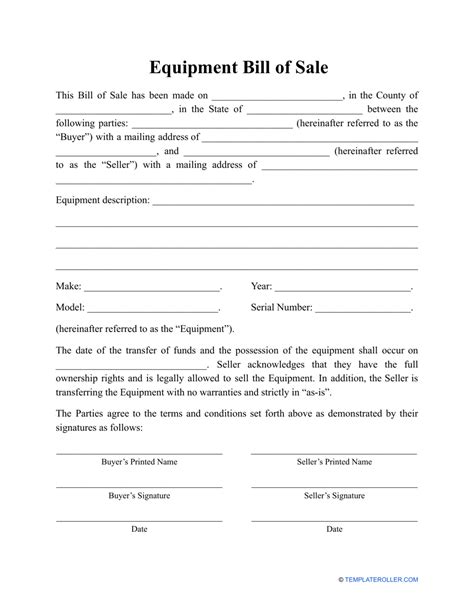 Equipment Bill Of Sale Blank Printable Form Template In Pdf Word Images