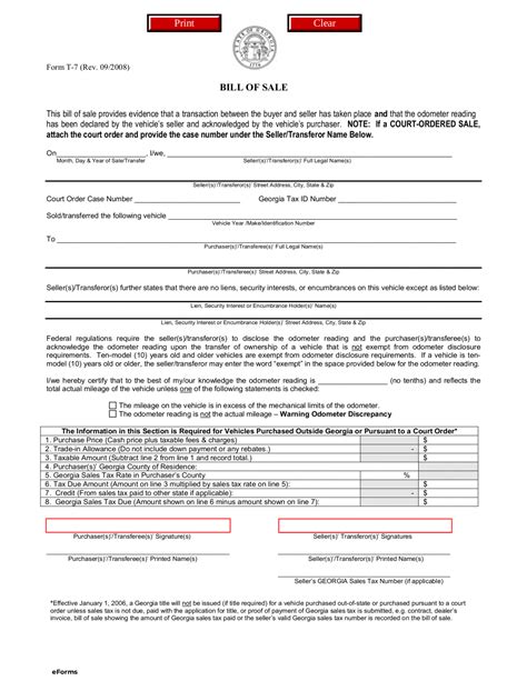 Georgia Motor Vehicle Bill Of Sale Form T 7 Eforms