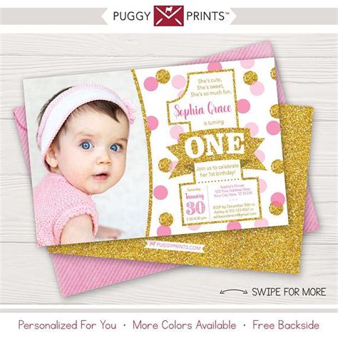 Pink And Gold First Birthday Invitation With Photo Editable Etsy Birthday Thank You Cards