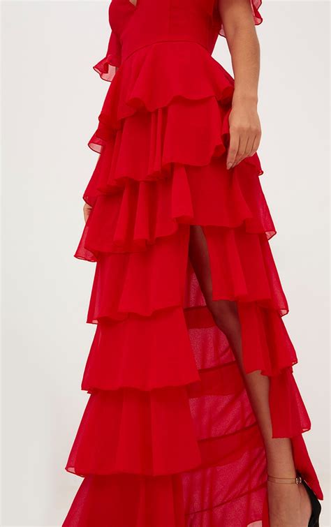Red Chiffon Ruffle Layer Maxi Dress Dresses Prettylittlething