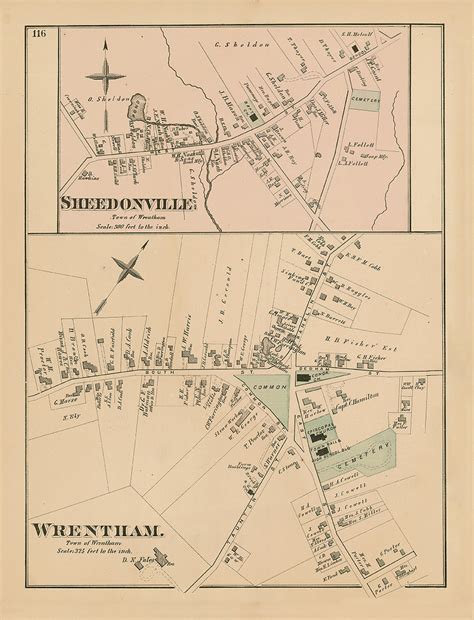 Village Of Wrentham Massachusetts 1876 Map Replica Or Genuine Original