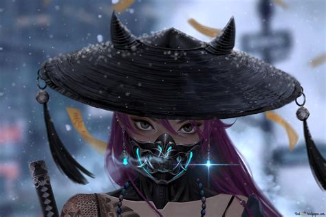 Samurai Girl With Oni Mask Hd Wallpaper Download