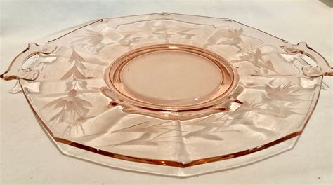 Vintage Blush Pink Depression Glass Cakeserving Plate With Etched