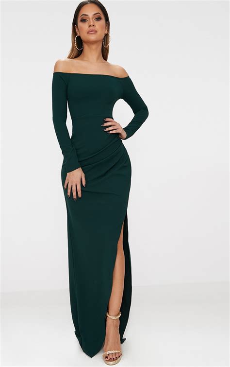 Emerald Green Wrap Over Long Sleeve Bardot Maxi Dress