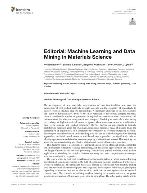 Pdf Editorial Machine Learning And Data Mining In Materials Science