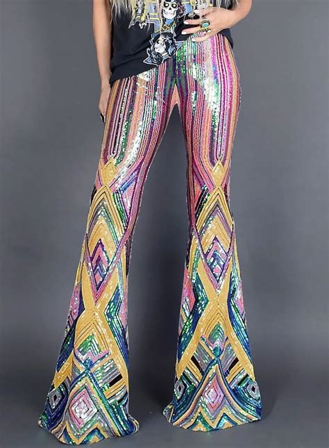 Multicolor High Waisted Sequin Pants Acelitt Sequin Bell Bottoms