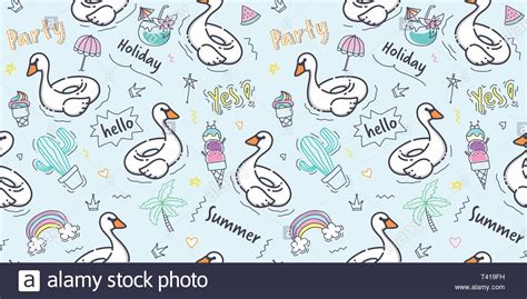 Swan Pattern Seamless Hand Draw Swan Pool Swim Ring With Doodle Summer