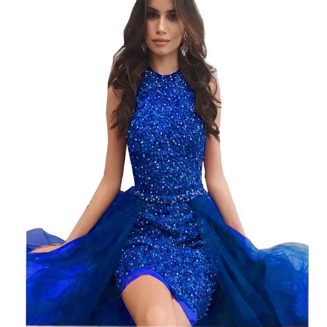 Chady Sparkly Royal Blue Short Prom Dresses With Tulle Detachable Skirt