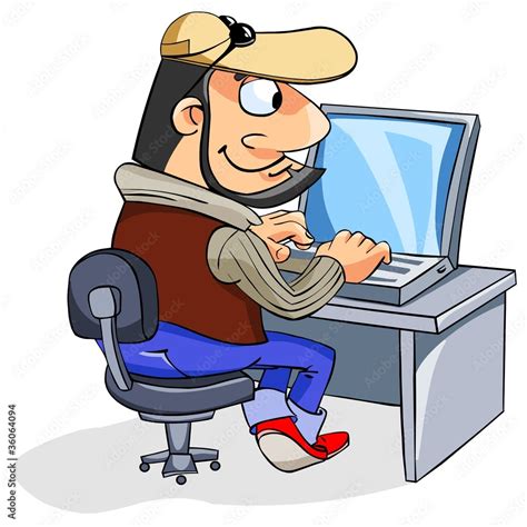 Cartoon Man Typing On Keyboard Looking At Laptop Screen Vector De