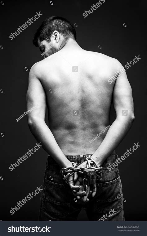 Chained Man Hands Angry Shirtless Slave Foto Stok Shutterstock