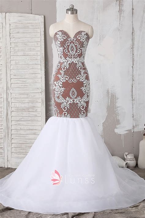 Dark Nude Inner Ivory Lace Sweetheart Trumpet Bridal Gown Lunss