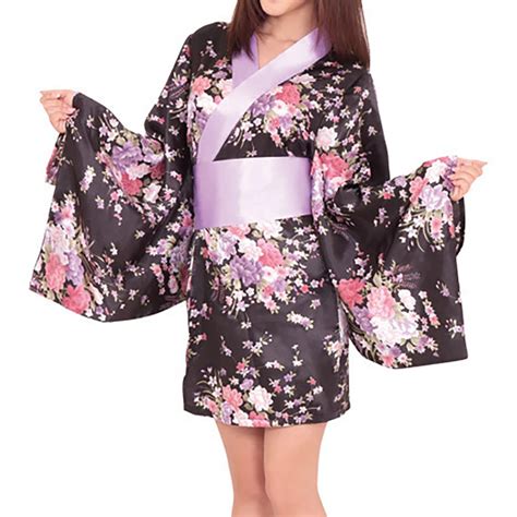 Sexy Sweet Japanese Kimono Costume Set Short Kimono Robe With Obi Belt Deep V Floral Deluxe