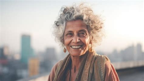 Premium Ai Image Smiling Old Indian Woman With Blond Curly Hair Photo Portrait Of Casual