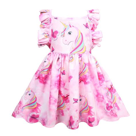 Spring Summer Ruffles Dress Children Girls Unicorn Rainbow Color Cotton