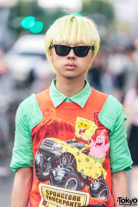 Yellow Haired Harajuku Guy In Colorful Vintage Streetwear W Yoko Ono