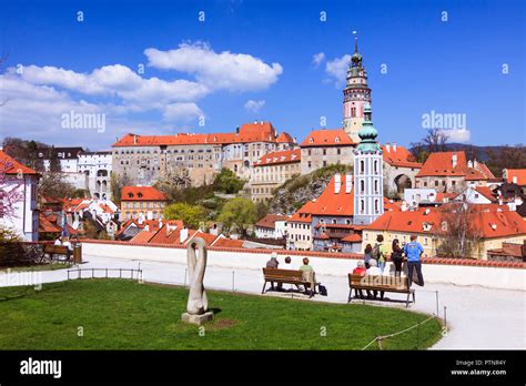 Cesky Krumlov Bohemia Czech Republic People Look At A Panoramic Viw