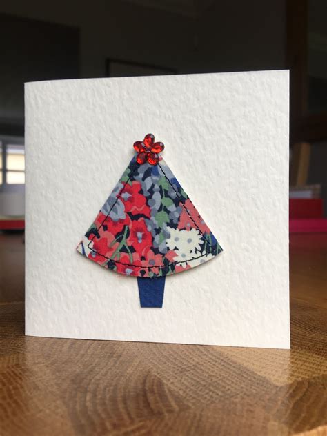 Handmade Christmas Card Made Using Liberty Fabric And A Gem Flower