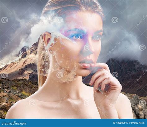 Double Exposure Portrait Of Young Woman And Clouds Sea Stock Image
