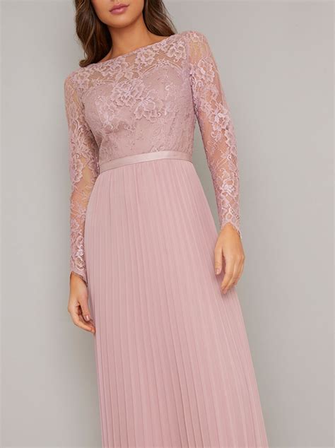 Tall Long Sleeved Lace Bodice Pleat Maxi Dress In Pink Chi Chi London
