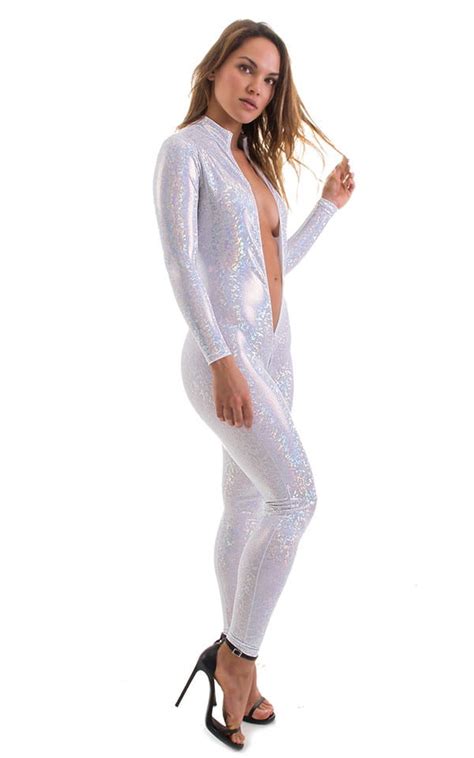 Front Zipper Catsuit Bodysuit For Women In White Shattered Glass