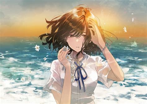 Wallpaper Anime Girl Sad Expression Ocean Horizon