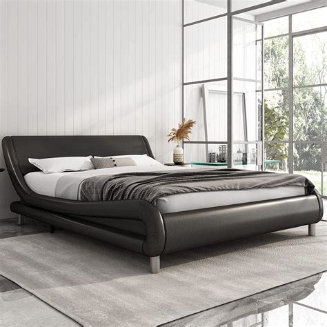 King Size Faux Leather Upholstered Platform Bed Frame With Adjustable
